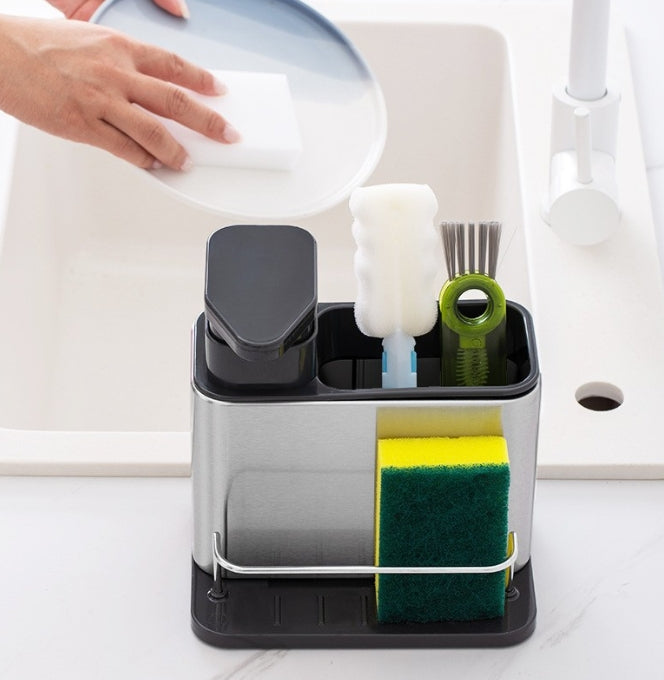 Modern Stainless Steel 3-in-1 Kitchen Sponge Holder With Soap Dispenser