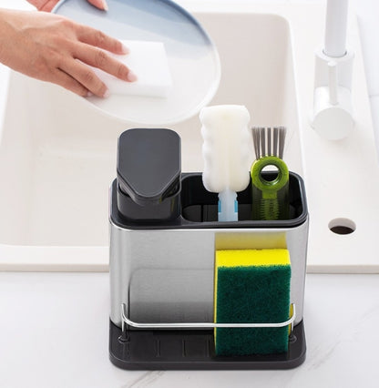 Modern Stainless Steel 3-in-1 Kitchen Sponge Holder With Soap Dispenser